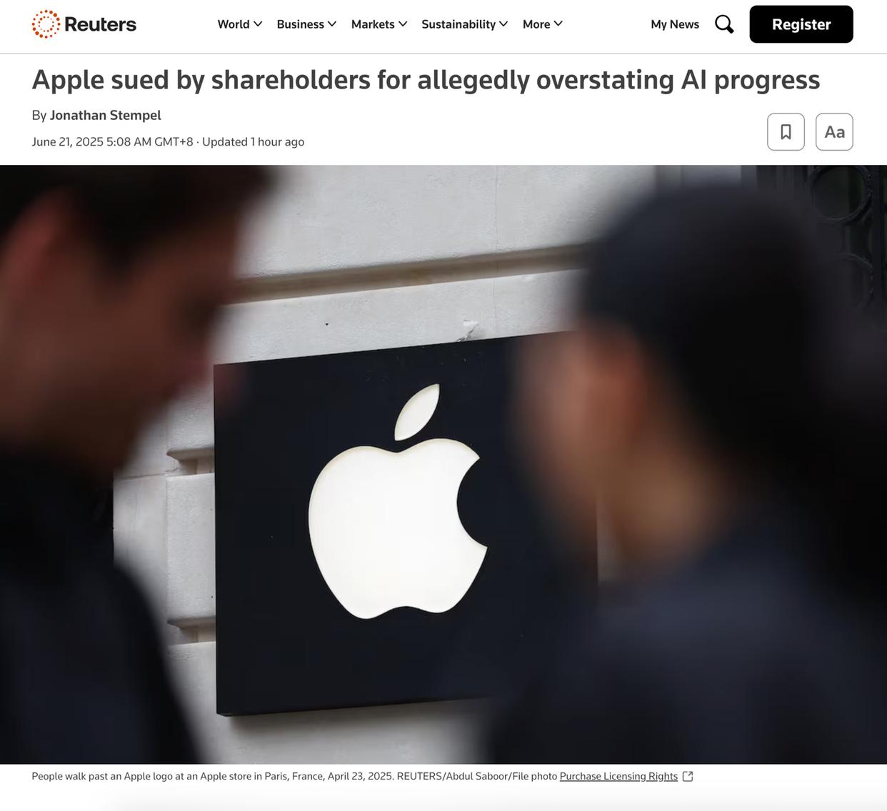 苹果股东集体起诉Apple Intelligence未实施，股价受压下挫